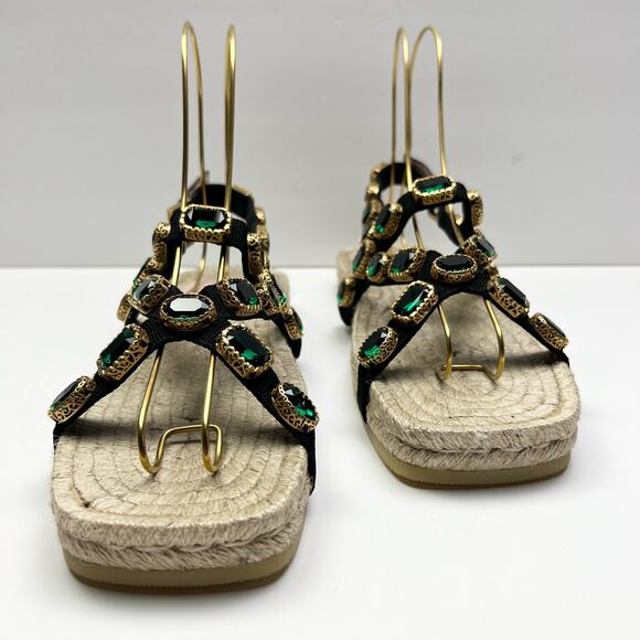 GUCCI Emerald Crystal Embellished Espadrilles Sandals EU 40 US 10 Green Black - Picture 3 of 13